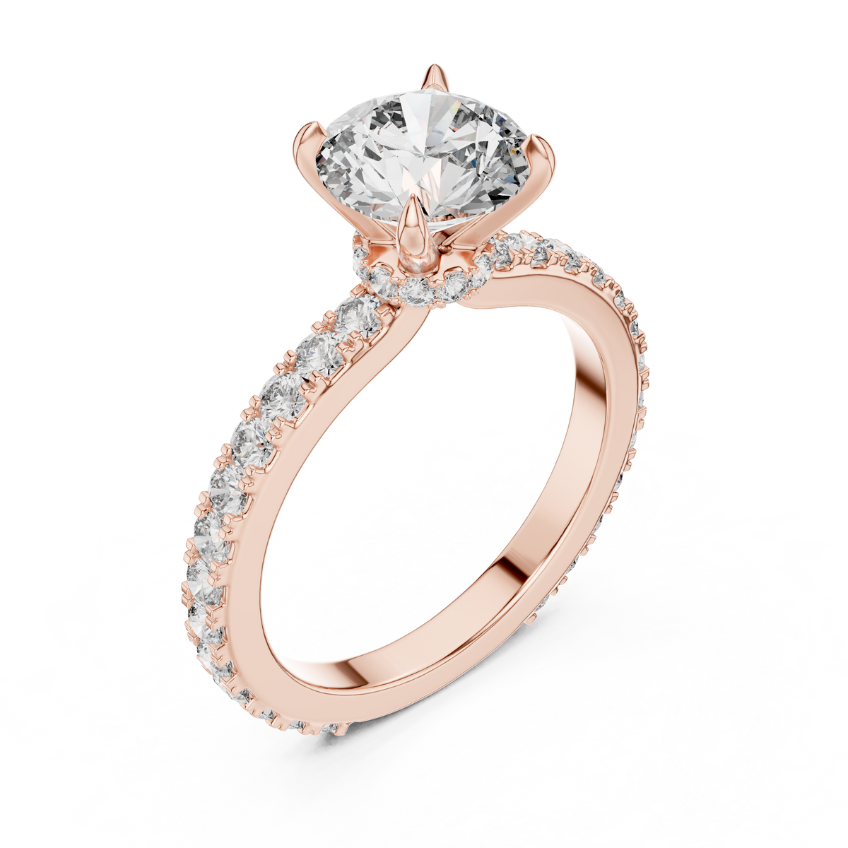 Rose gold round hidden halo lab grown diamond engagement ring, side view
