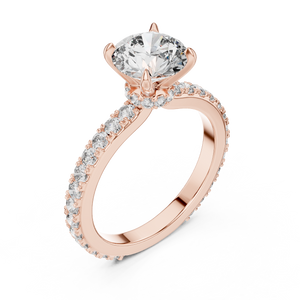 Rose gold round hidden halo lab grown diamond engagement ring, side view