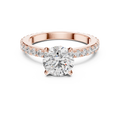 Rose gold round hidden halo lab grown diamond engagement ring, angled view