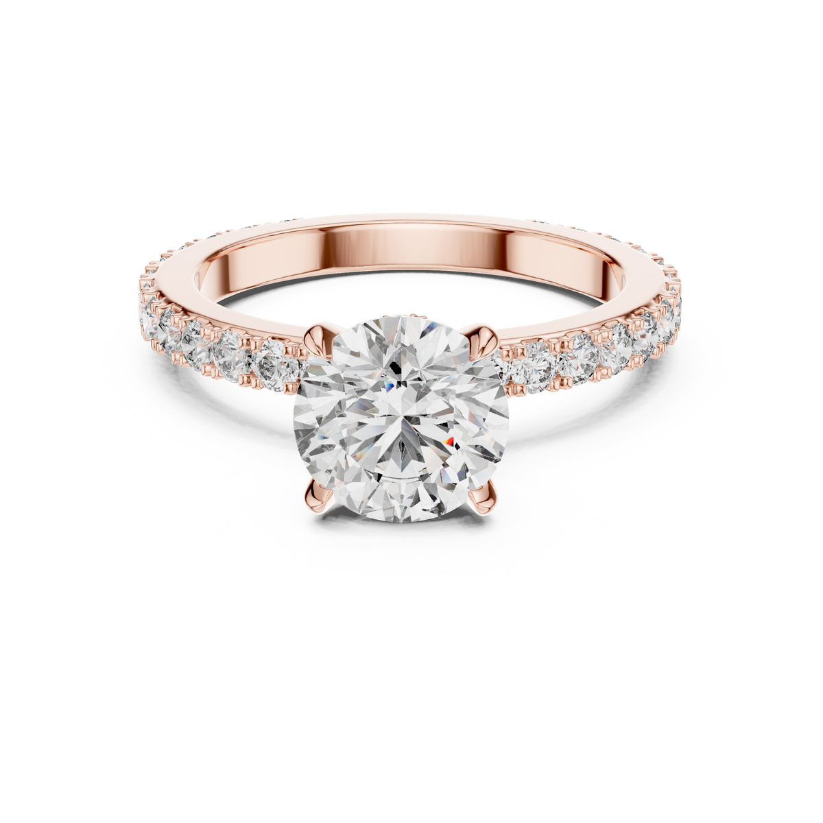 Rose gold round hidden halo lab grown diamond engagement ring, angled view