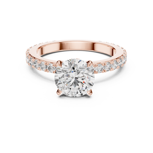 Rose gold round hidden halo lab grown diamond engagement ring, angled view