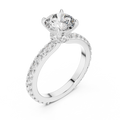 White gold round hidden halo lab grown diamond engagement ring, side view
