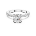 White gold round hidden halo lab grown diamond engagement ring, angled view