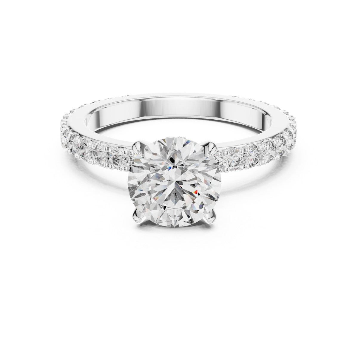 White gold round hidden halo lab grown diamond engagement ring, angled view