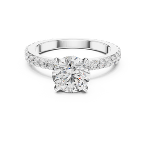 White gold round hidden halo lab grown diamond engagement ring, angled view