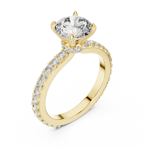 Yellow gold round hidden halo lab grown diamond engagement ring, side view