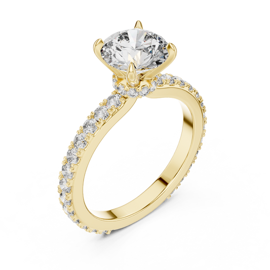Yellow gold round hidden halo lab grown diamond engagement ring, side view