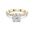 Yellow gold round hidden halo lab grown diamond engagement ring, angled view
