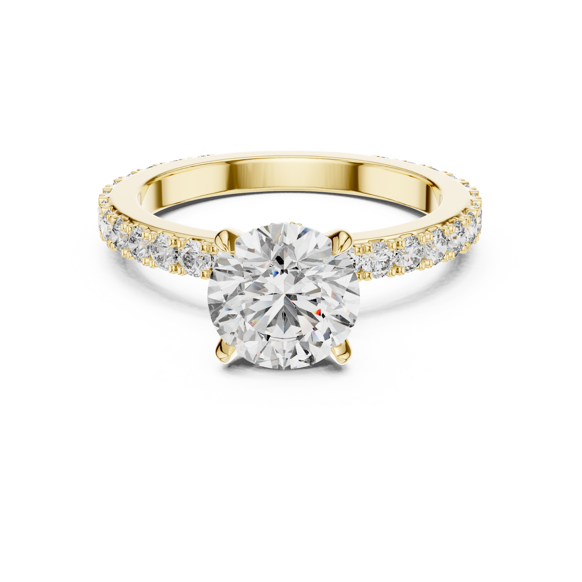 Yellow gold round hidden halo lab grown diamond engagement ring, angled view