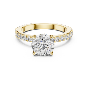 Yellow gold round hidden halo lab grown diamond engagement ring, angled view