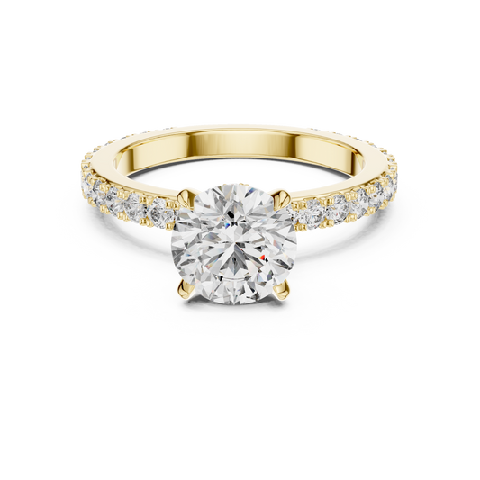 Yellow gold round hidden halo lab grown diamond engagement ring, angled view