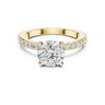 Yellow gold round hidden halo lab grown diamond engagement ring, angled view