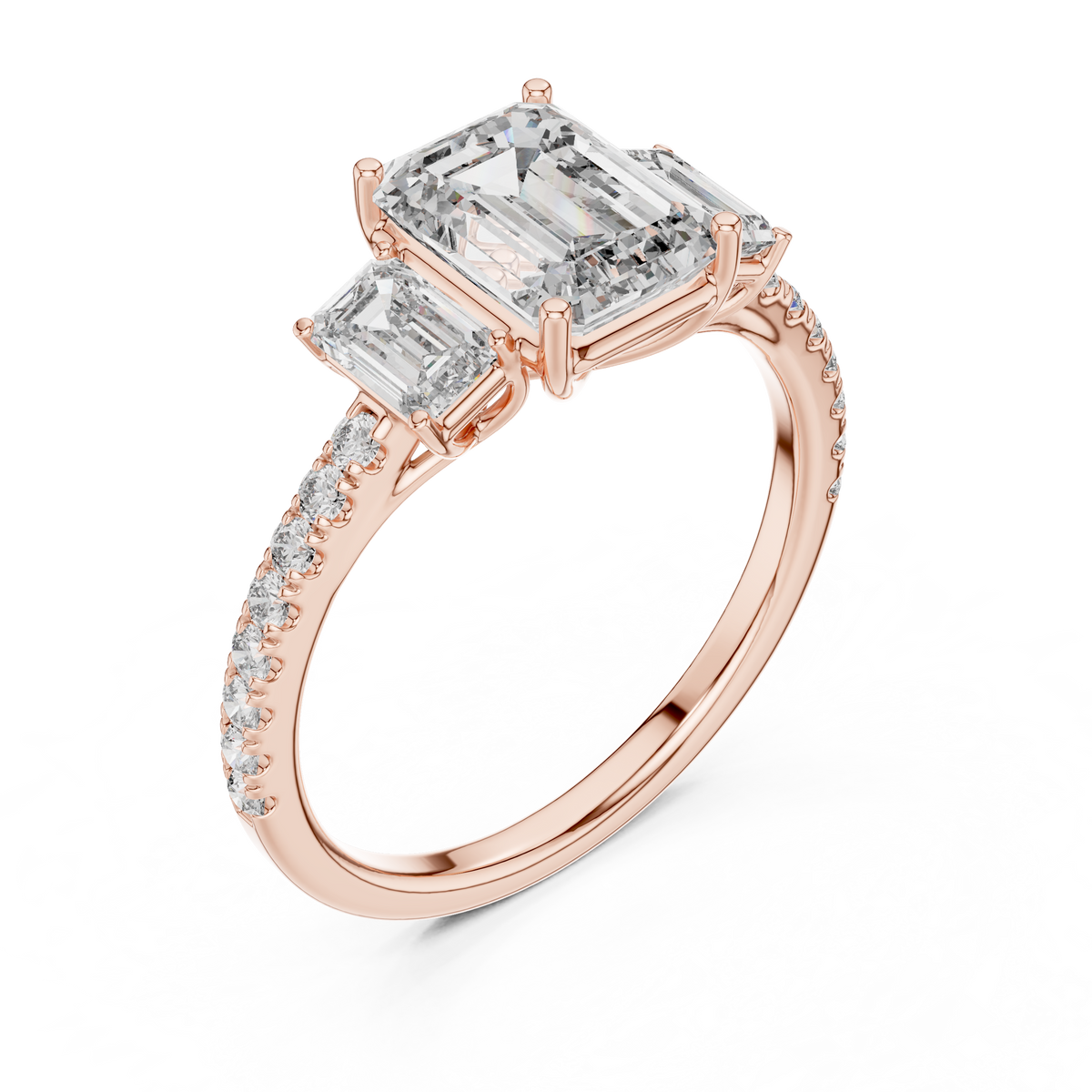 Rose gold emerald cut three stone lab grown diamond ring, side view