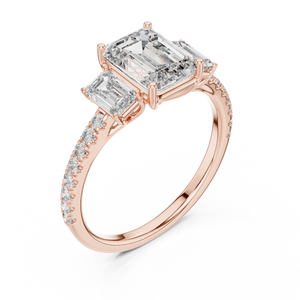 Rose gold emerald cut three stone lab grown diamond ring, side view