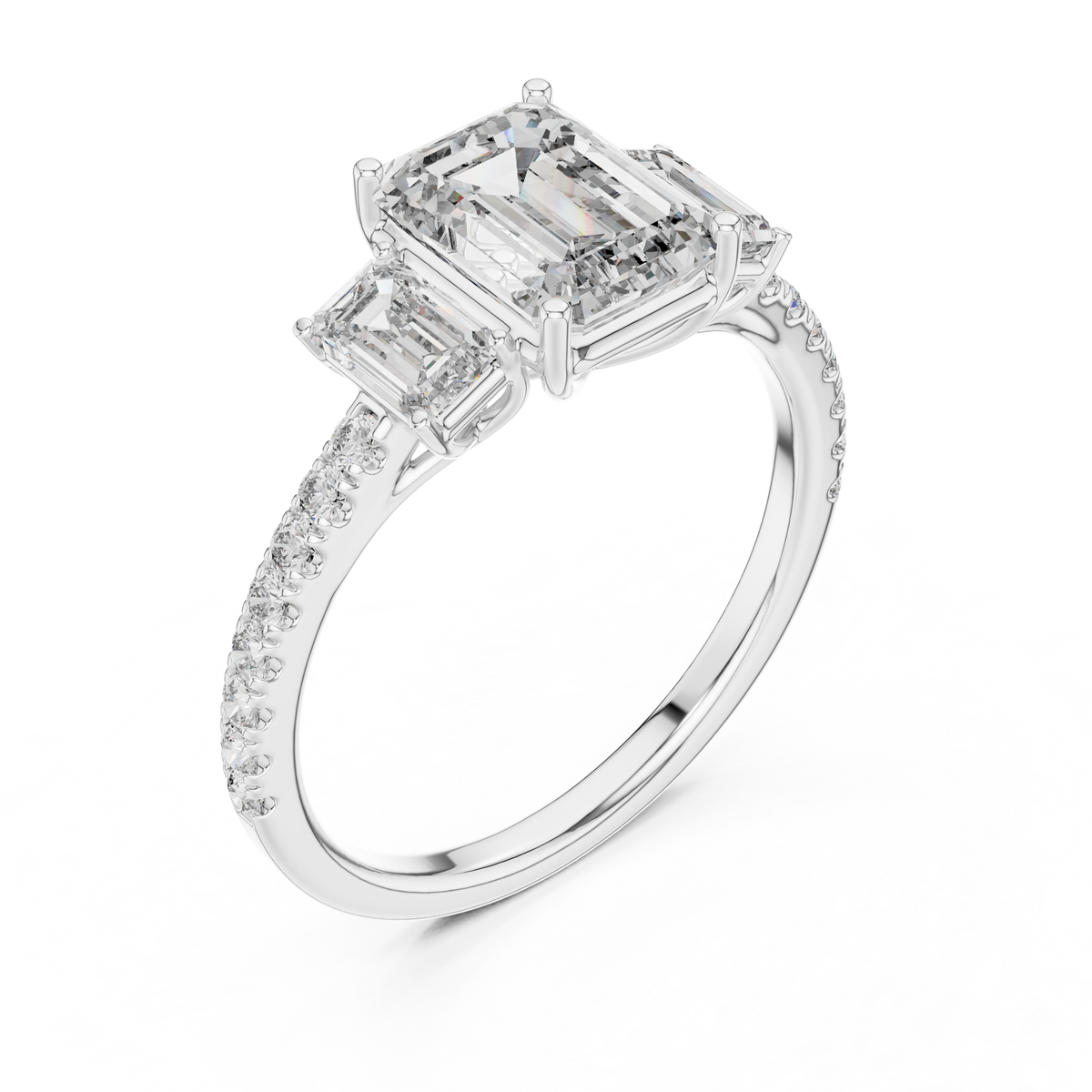 White gold emerald cut three stone lab grown diamond ring, side view