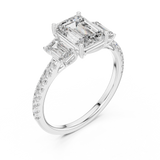 White gold emerald cut three stone lab grown diamond ring, side view