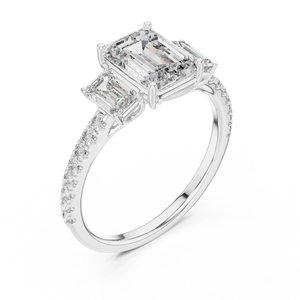 White gold emerald cut three stone lab grown diamond ring, side view