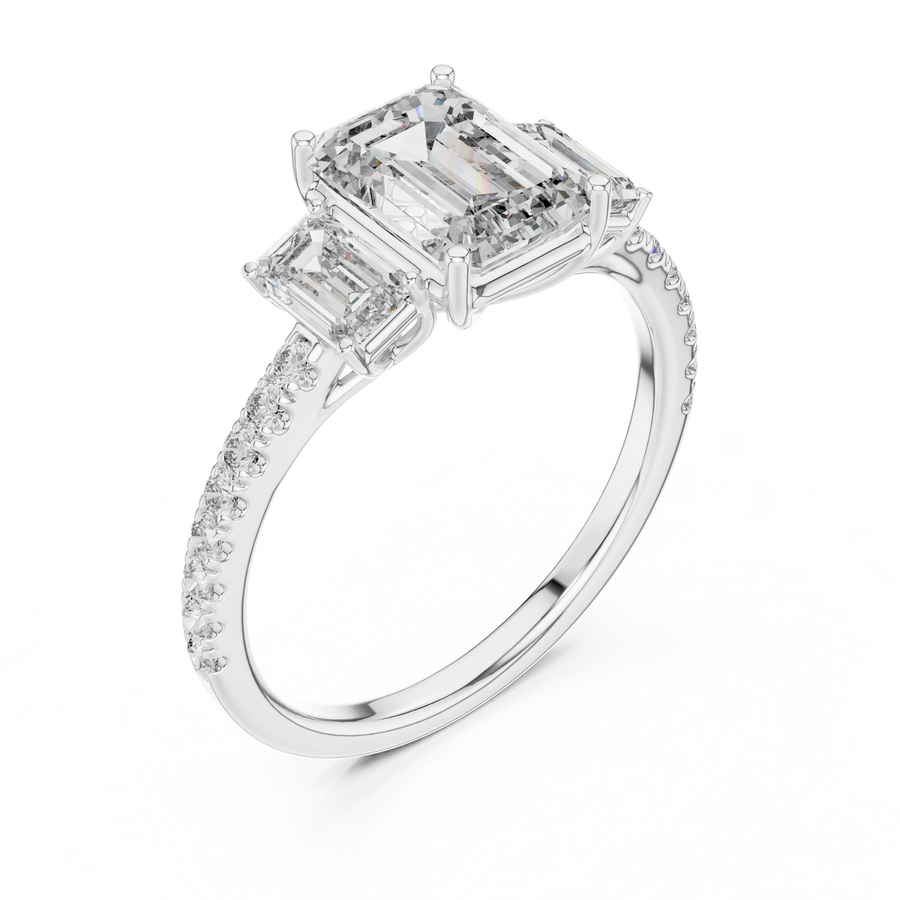 White gold emerald cut three stone lab grown diamond ring, side view