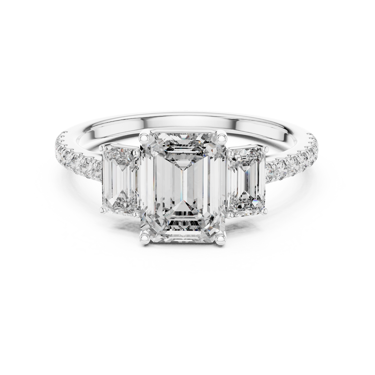 White gold emerald cut three stone lab grown diamond ring, angled view