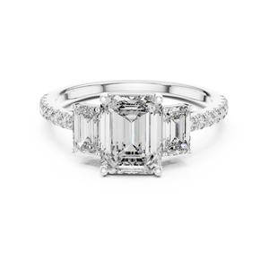 White gold emerald cut three stone lab grown diamond ring, angled view