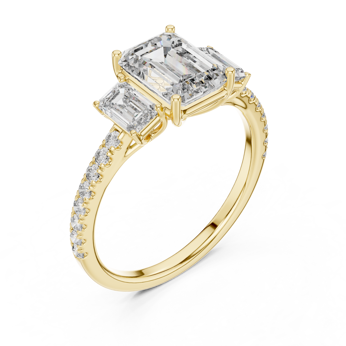 Yellow gold emerald cut three stone lab grown diamond ring, side view