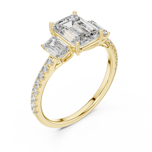 Yellow gold emerald cut three stone lab grown diamond ring, side view