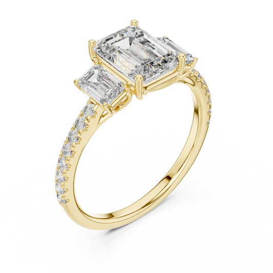 Yellow gold emerald cut three stone lab grown diamond ring, side view