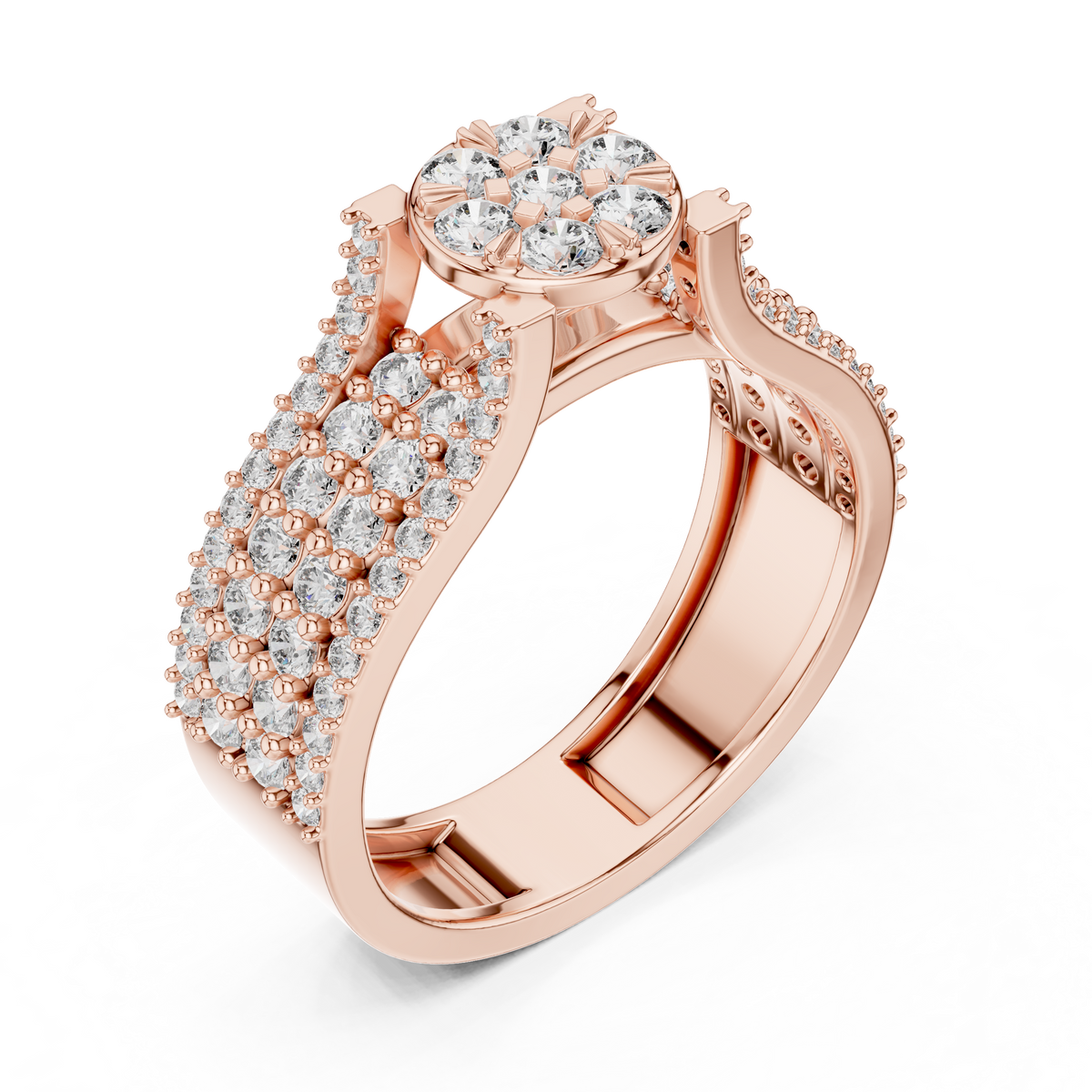 Rose gold round cluster lab grown diamond cocktail ring, side view