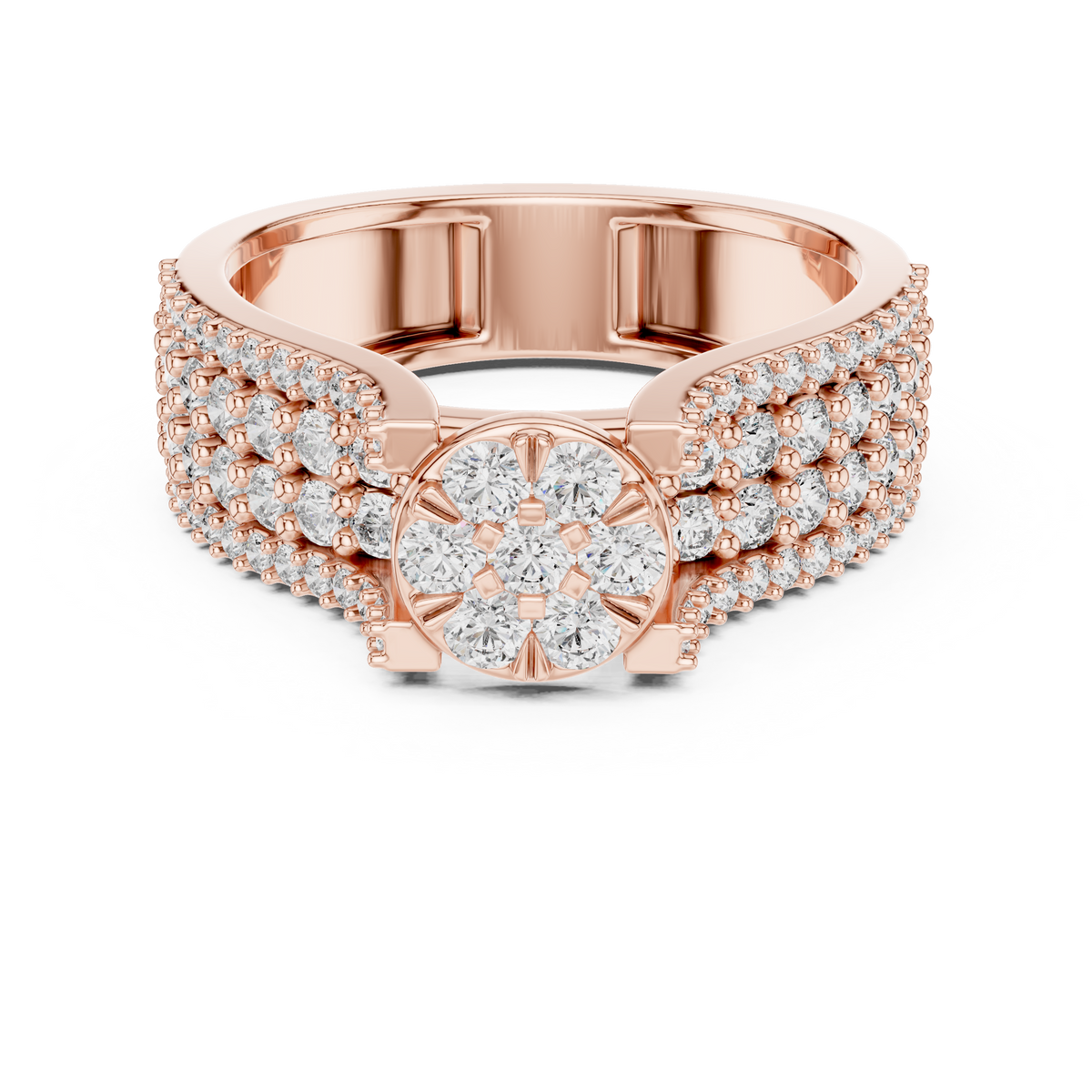 Rose gold round cluster lab grown diamond cocktail ring, angled view