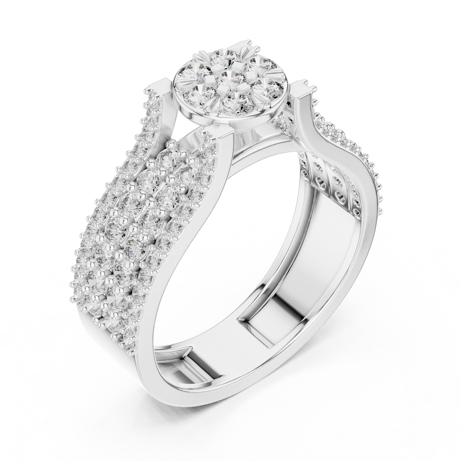 White gold round cluster lab grown diamond cocktail ring, side view