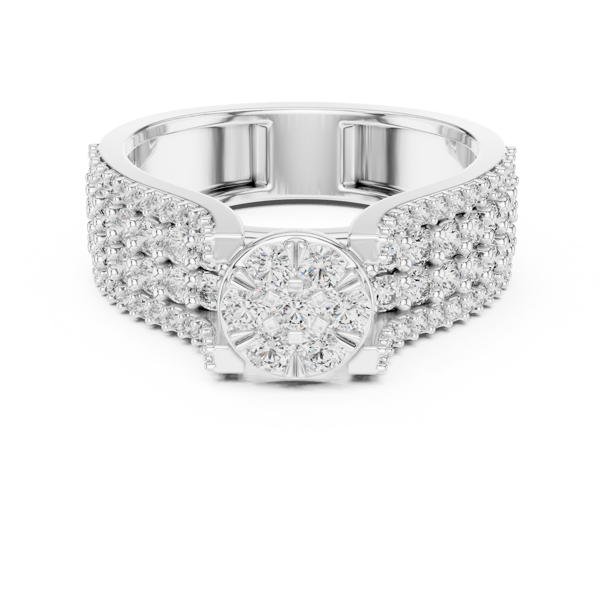 White gold round cluster lab grown diamond cocktail ring, angled view