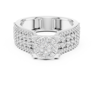 White gold round cluster lab grown diamond cocktail ring, angled view