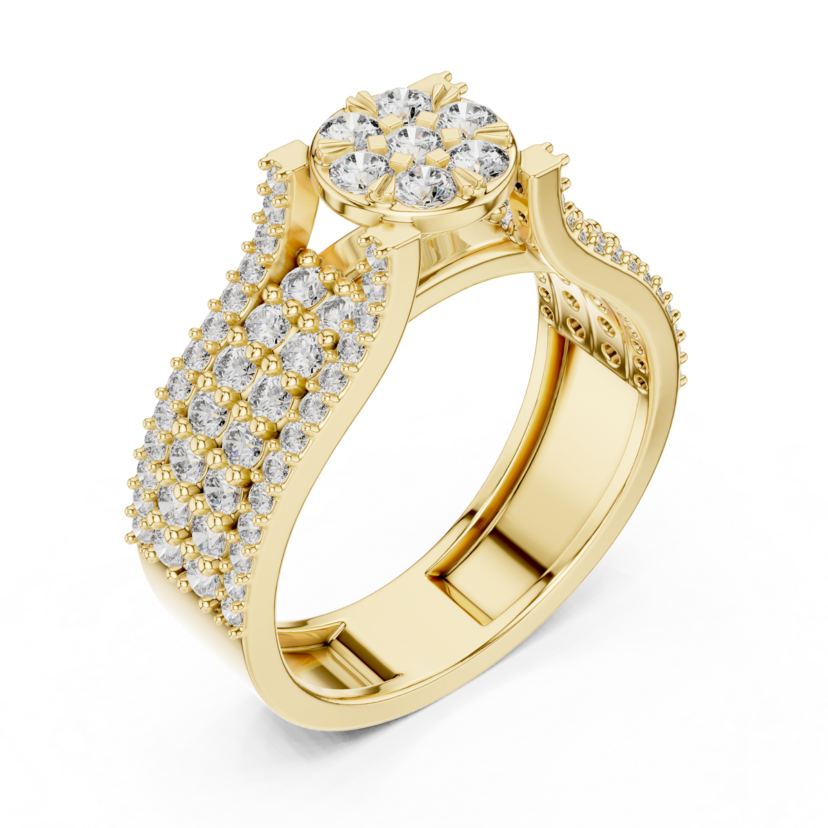 Yellow gold round cluster lab grown diamond cocktail ring, side view
