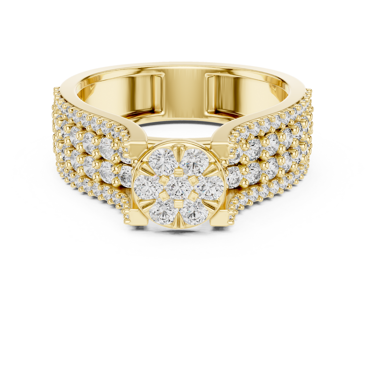 Yellow gold round cluster lab grown diamond cocktail ring, angled view