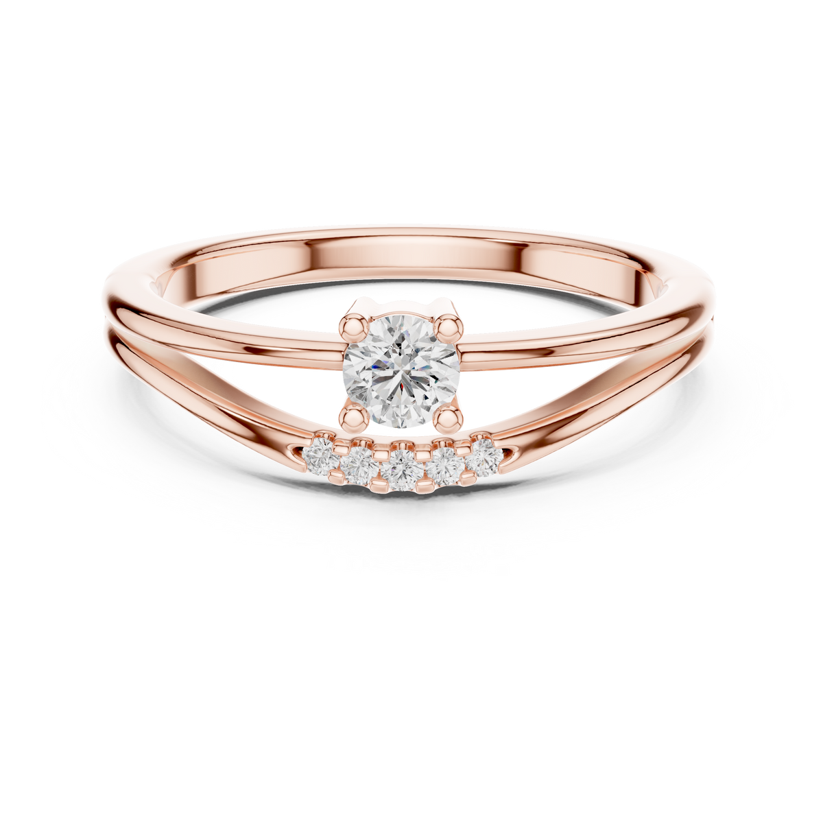 Rose gold round solitaire lab grown diamond ring, angled view