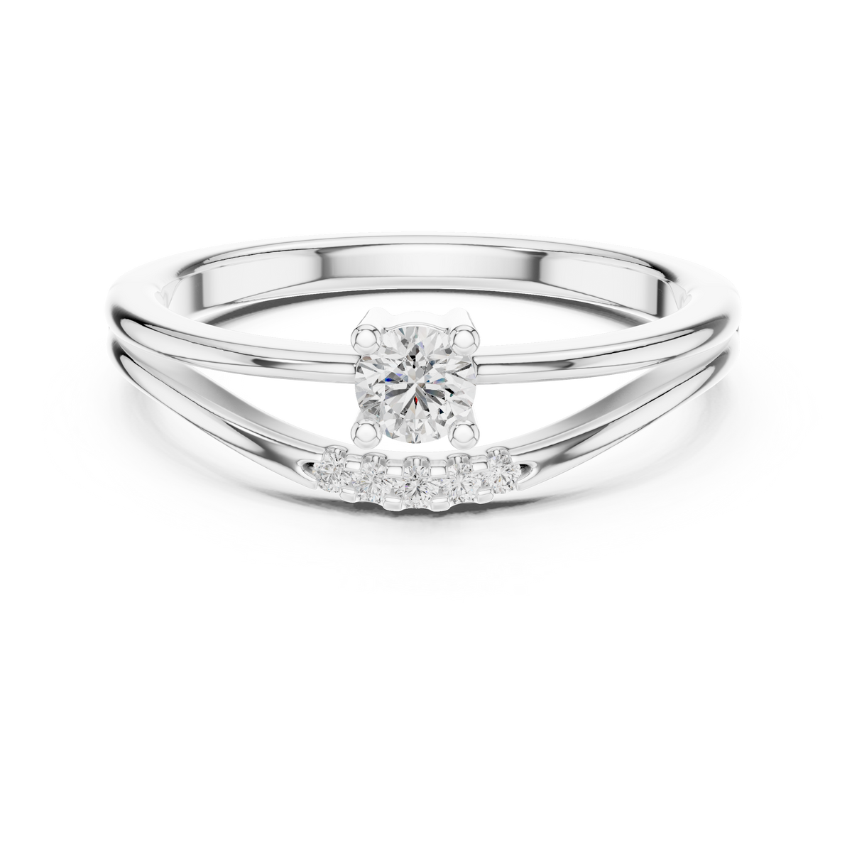 White gold round solitaire lab grown diamond ring, angled view