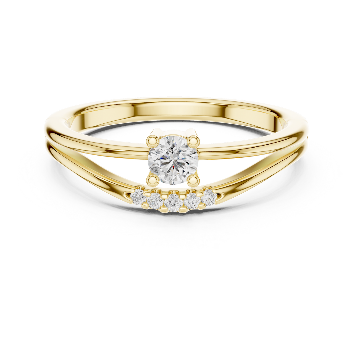 Yellow gold round solitaire lab grown diamond ring, angled view