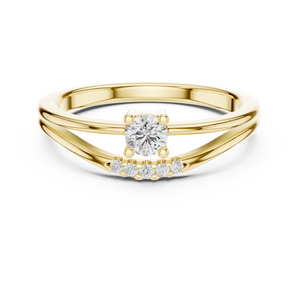 Yellow gold round solitaire lab grown diamond ring, angled view