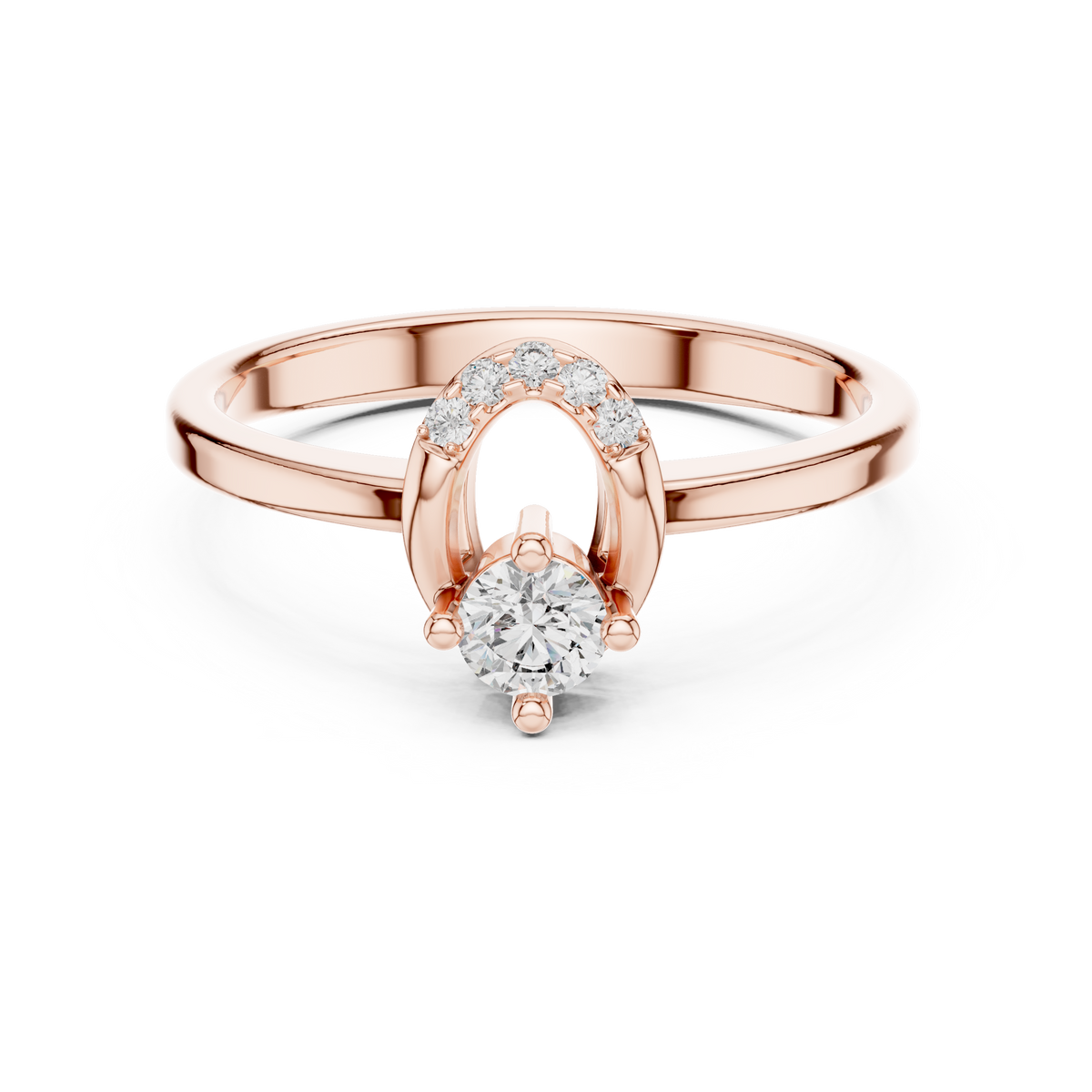 Rose gold round open oval lab grown diamond ring, angled view
