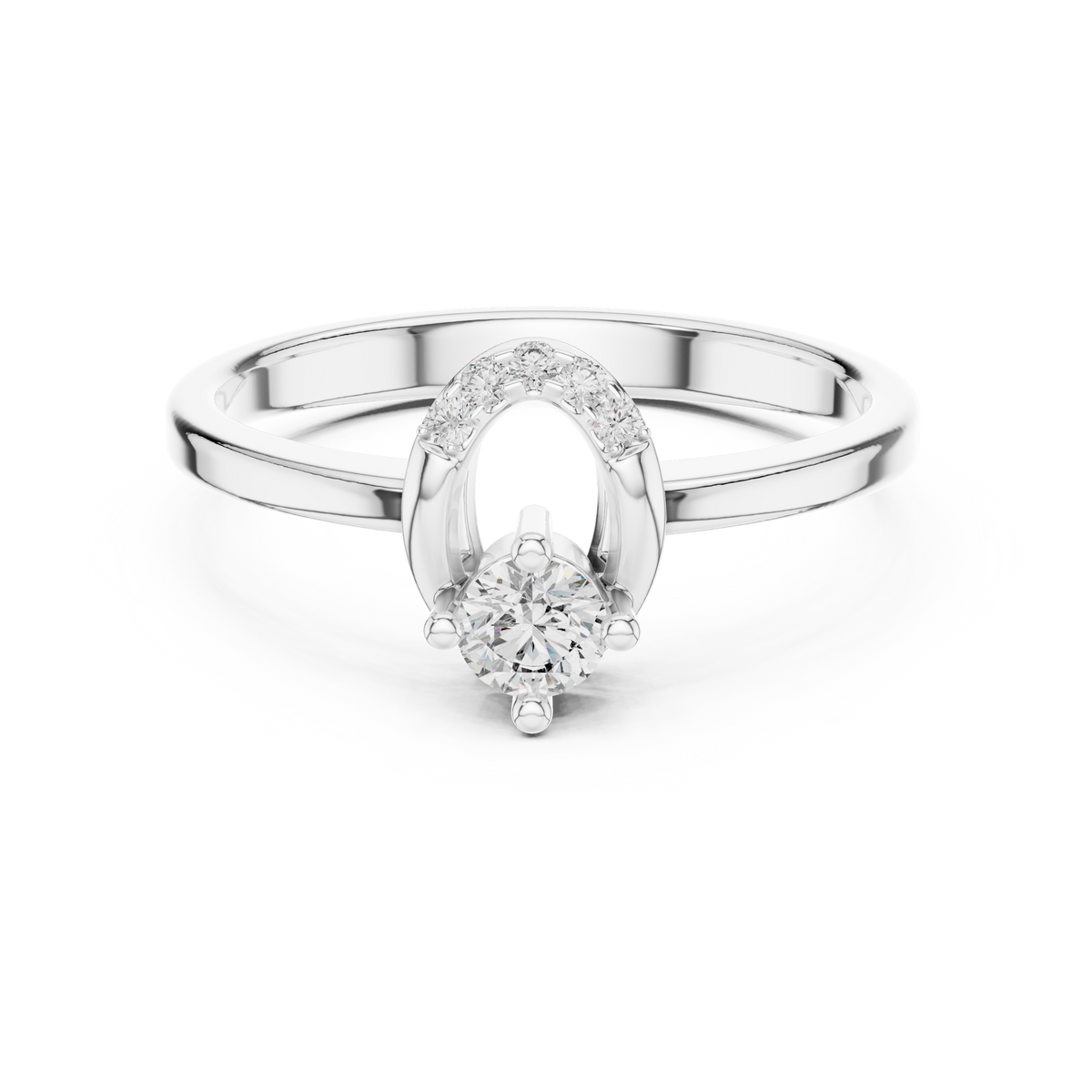 White gold round open oval lab grown diamond ring, angled view