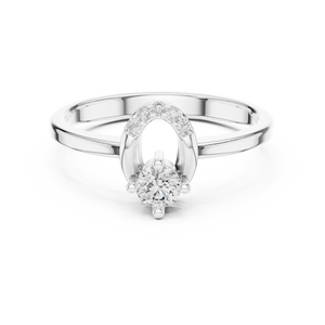 White gold round open oval lab grown diamond ring, angled view