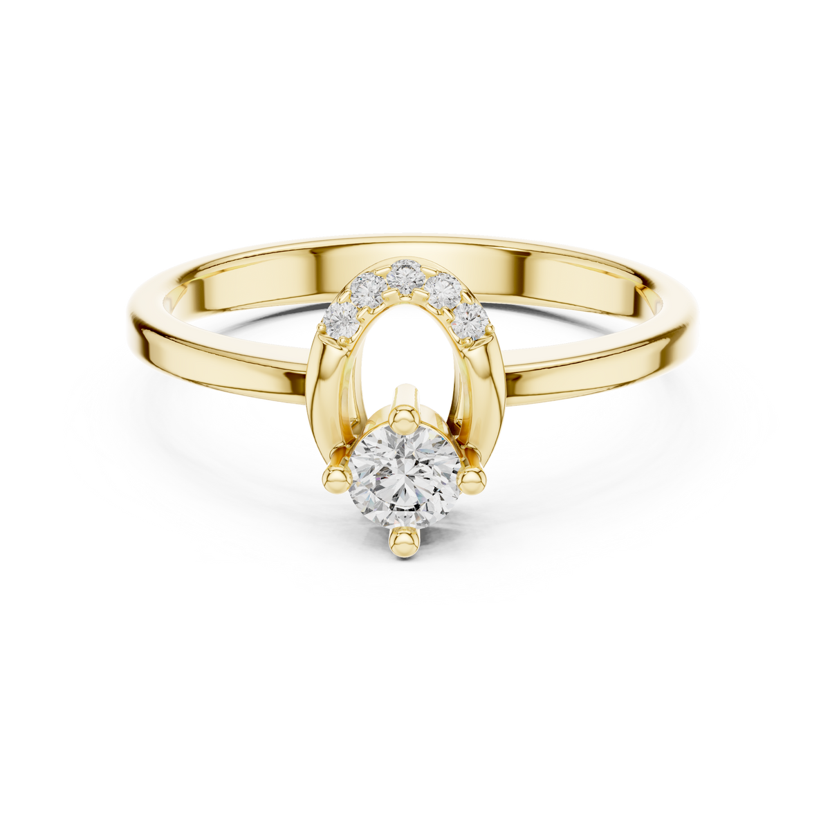 Yellow gold round open oval lab grown diamond ring, angled view