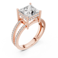 Rose gold princess cut split shank lab grown diamond ring, side view