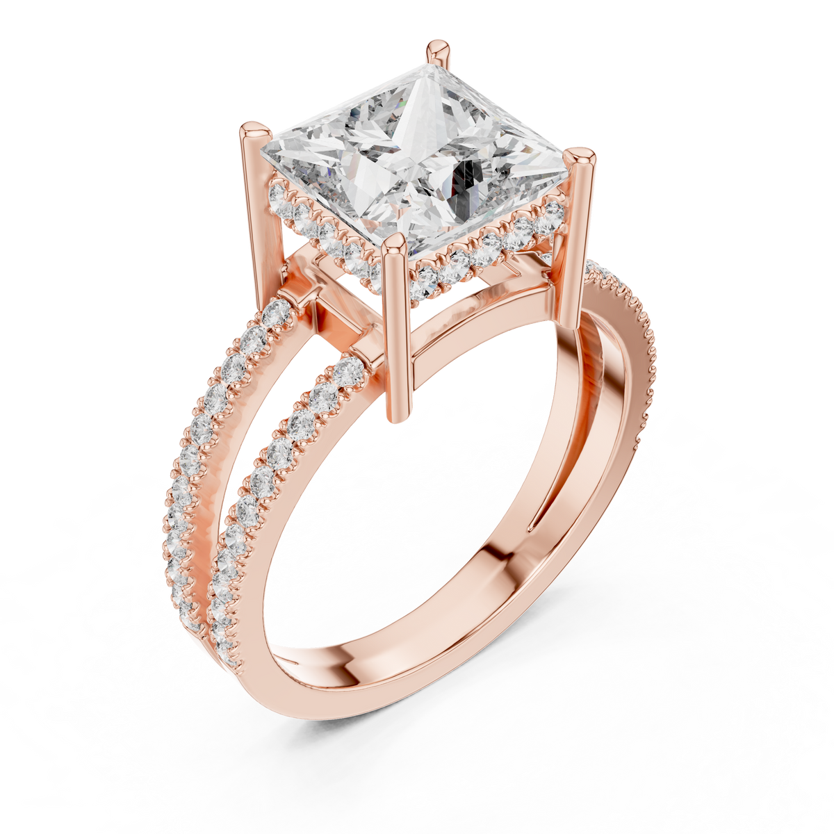 Rose gold princess cut split shank lab grown diamond ring, side view