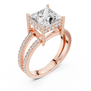 Rose gold princess cut split shank lab grown diamond ring, side view