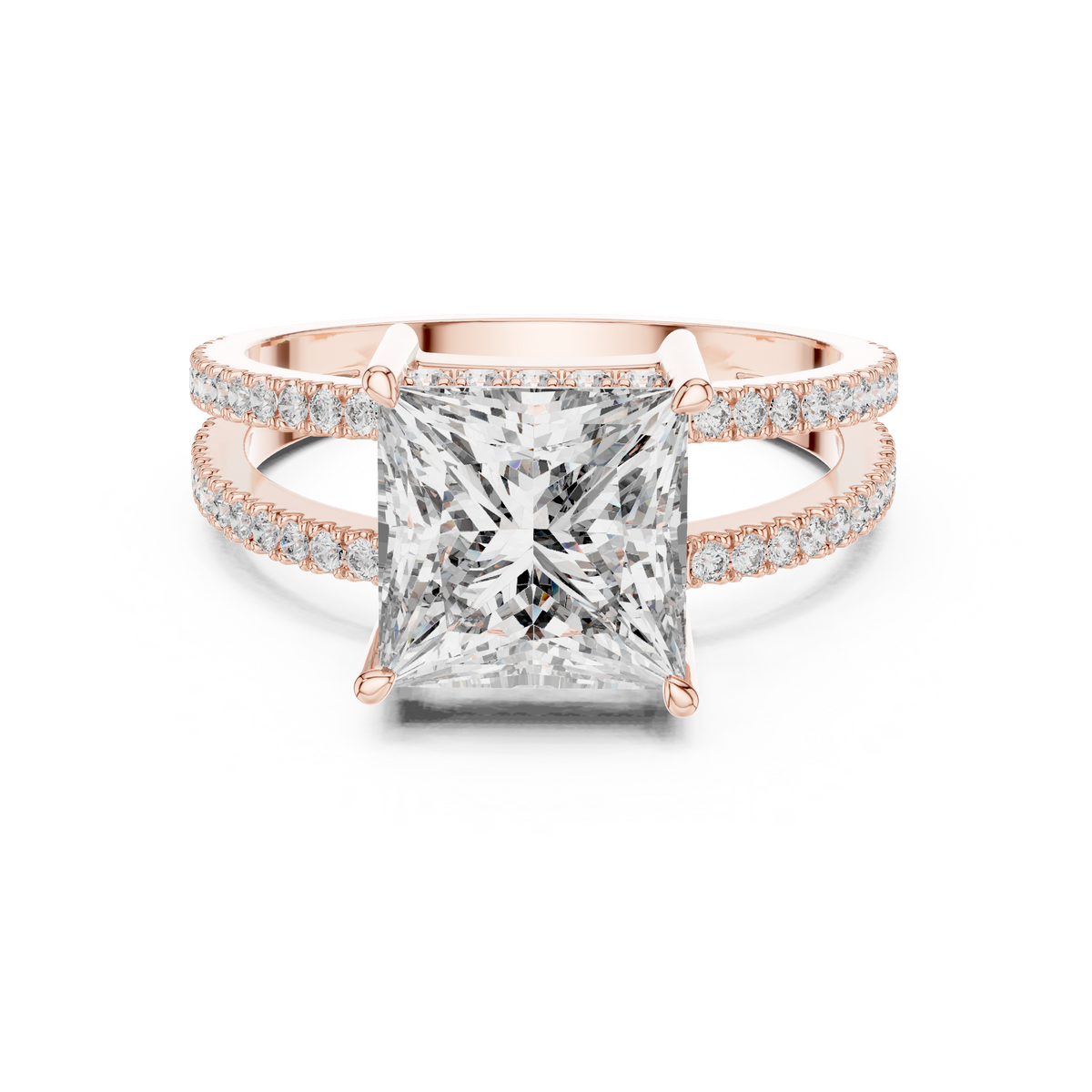 Rose gold princess cut split shank lab grown diamond ring, angled view