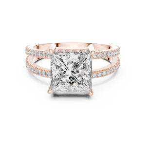 Rose gold princess cut split shank lab grown diamond ring, angled view