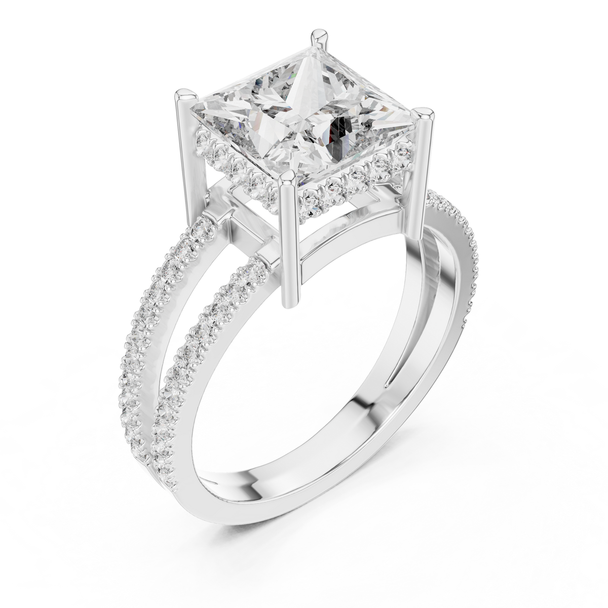 White gold princess cut split shank lab grown diamond ring, side view