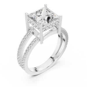 White gold princess cut split shank lab grown diamond ring, side view