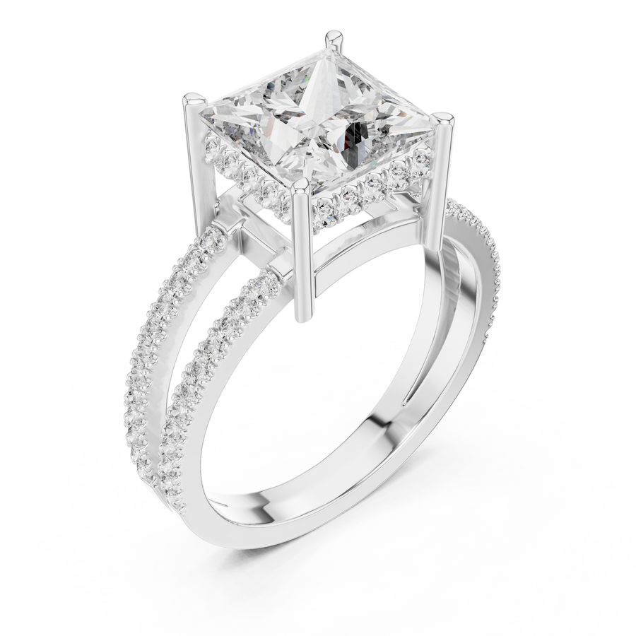 White gold princess cut split shank lab grown diamond ring, side view